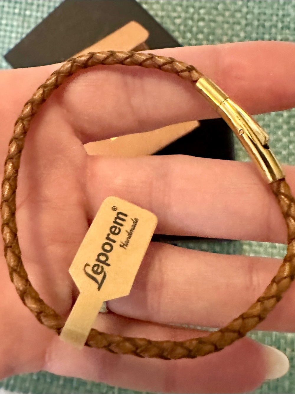 Brown Braided Leather Bracelet 18K Gold Plated Push Lock Clasp